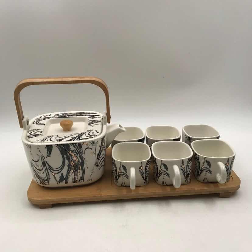 Ink-Swirl Square Ceramic Teapot and Cup Set on Bamboo Tray