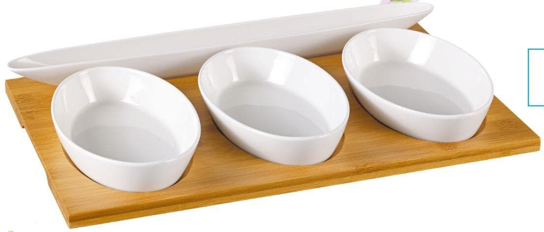 3-Piece Ceramic Dip Bowl Set with Long Serving Dish on Bamboo Board