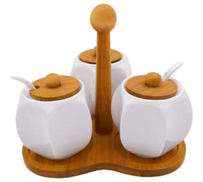3-Piece Ceramic Spice Pot Set with Bamboo Lids and Spoons on Post Stand