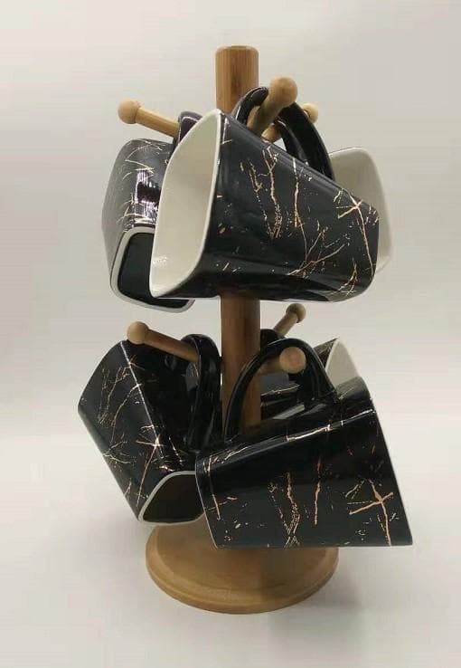 6-Piece Square-Handled Black Marble-Effect Ceramic Mug Set on Bamboo Mug Tree