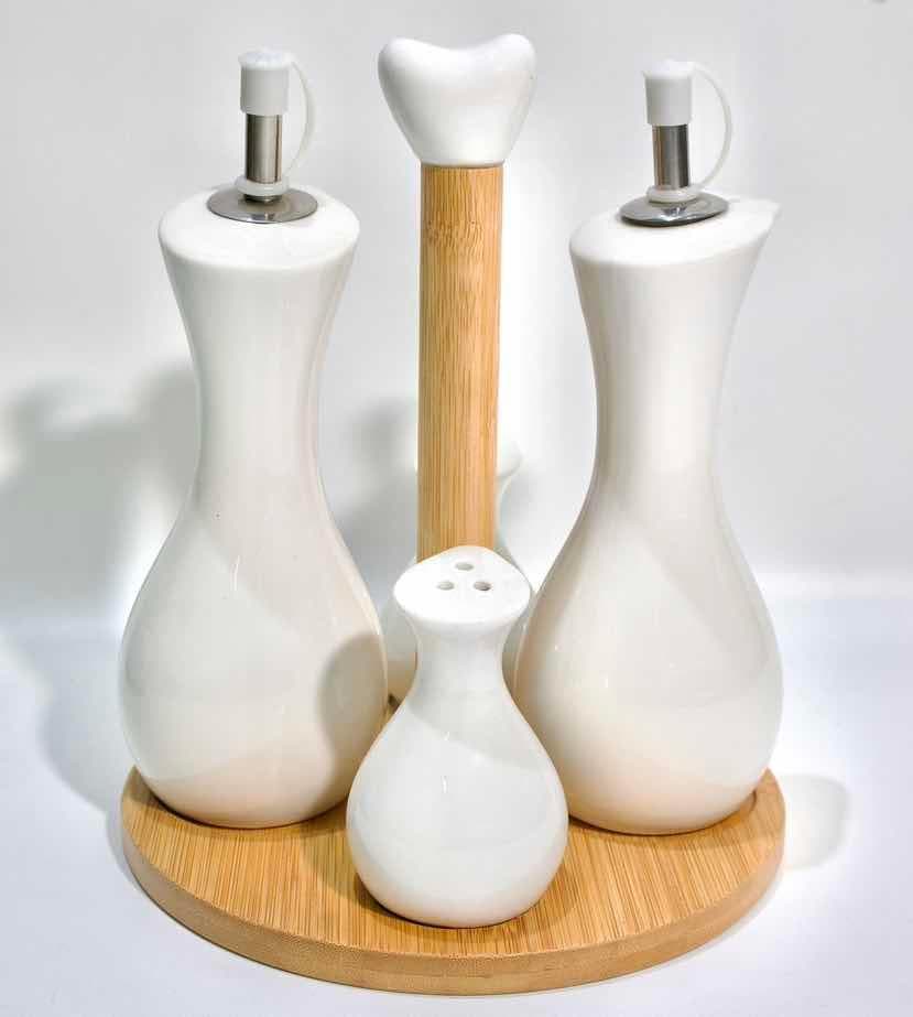 Curved Ceramic Oil and Vinegar Set with Shakers on Round Bamboo Stand