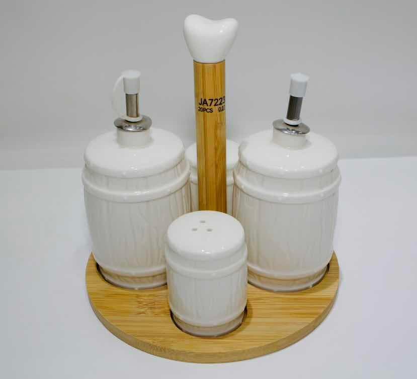 Ceramic Oil and Vinegar Set with Lidded Jars and Shaker on Bamboo Stand
