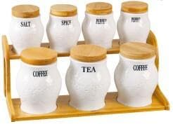 7-Piece Labelled Ceramic Canister and Spice Set on Two-Tier Bamboo Rack
