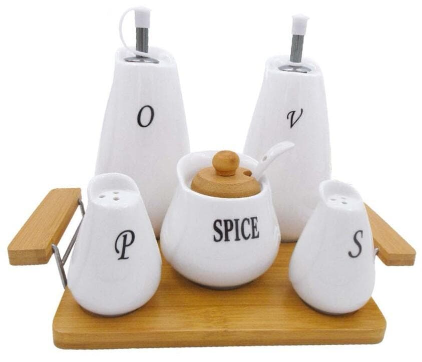 Labelled Ceramic Oil, Vinegar and Spice Set with Shakers on Bamboo Tray