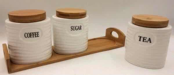 3-Piece Wave-Ribbed Ceramic Coffee, Sugar and Tea Canister Set on Bamboo Tray