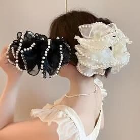 Pearl Chain Black and Cream Lace Ruffle Claw Clip