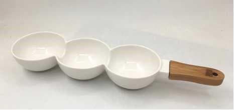 3-Section Ceramic Dip Dish with Wooden Handle