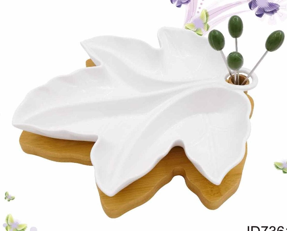 Leaf-Shaped Ceramic Serving Dish on Bamboo Base with Picks