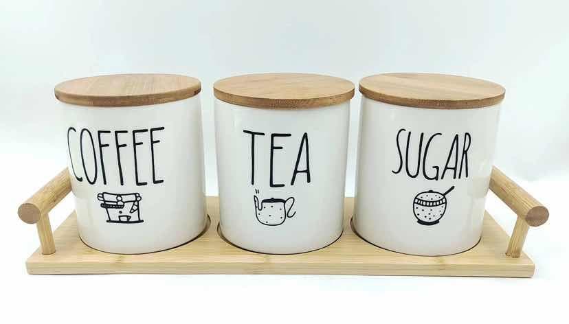 3-Piece Plain Ceramic Coffee, Tea and Sugar Canister Set on Bamboo Tray