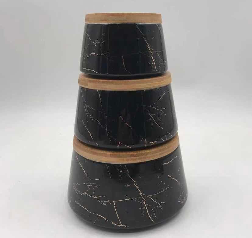 3-Piece Stacking Black Marble-Effect Ceramic Canister Set with Bamboo Lids
