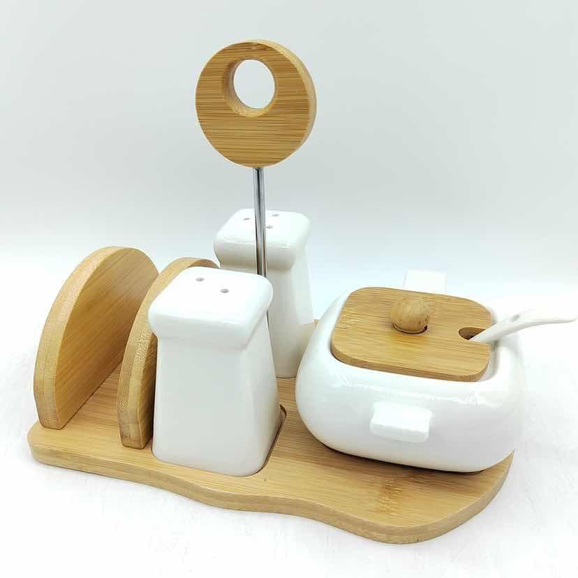 Ceramic Salt and Pepper Shakers with Sugar Pot and Napkin Holder on Bamboo Stand