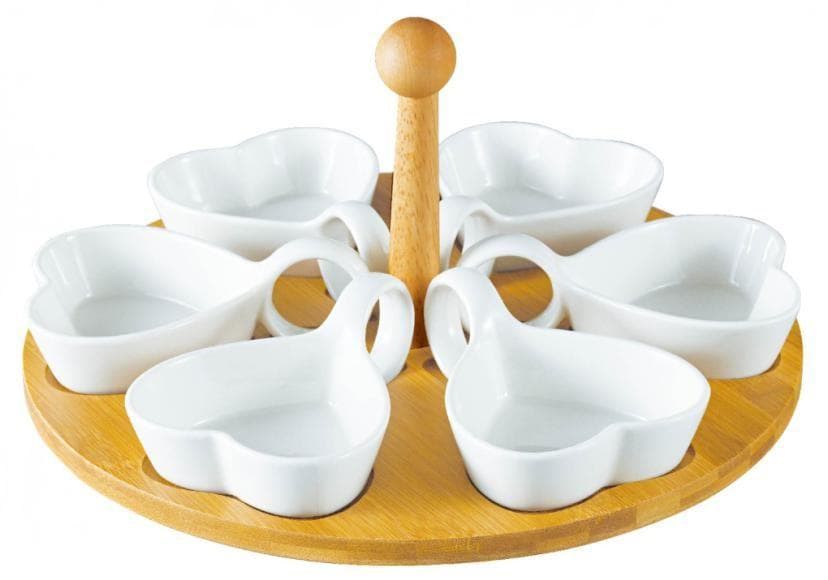6-Piece Heart Ceramic Serving Dish Set on Bamboo Base with Post