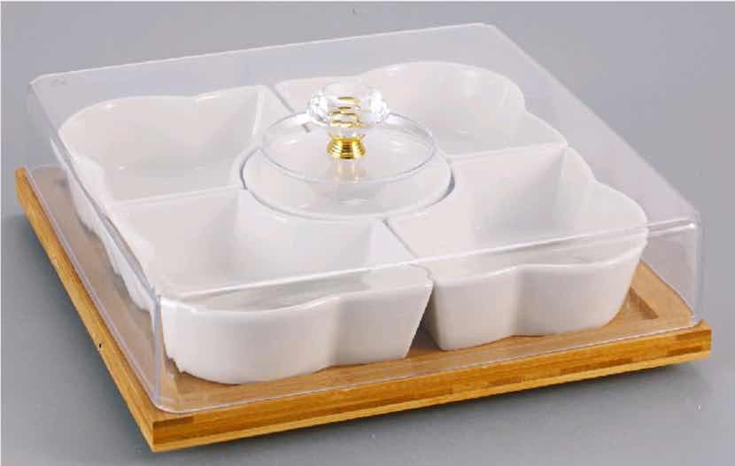 4-Section Ceramic Serving Set with Acrylic Cover on Square Bamboo Base