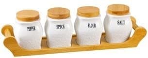4-Piece Labelled Ceramic Canister Set with Bamboo Lids on Bamboo Tray