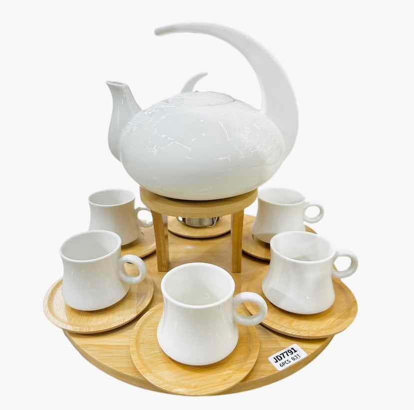 Ceramic Teapot with Warmer and Six Cup Set on Round Bamboo Tray, White
