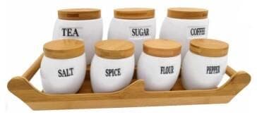8-Piece Labelled Ceramic Canister and Spice Jar Set on Bamboo Tray