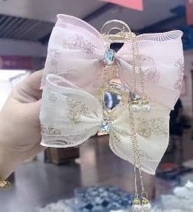 Embroidered Organza Bow Claw Clip with Pearl Chain, Pink and Cream