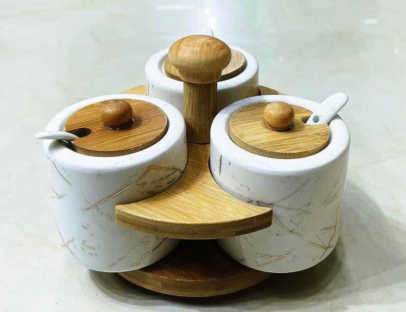 3-Piece Marble-Effect Ceramic Condiment Jar Set with Spoons on Rotating Bamboo Stand