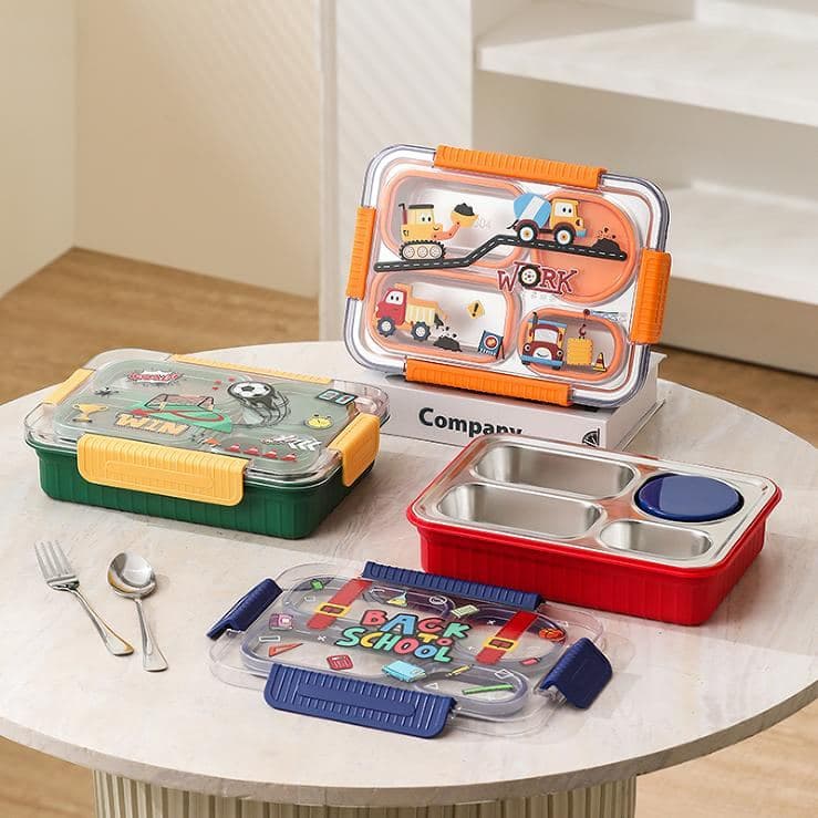 PP Plastic 3-Compartment Lunch Box, 19.7 x 14.5 x 6.5 cm, with Spoon and Fork