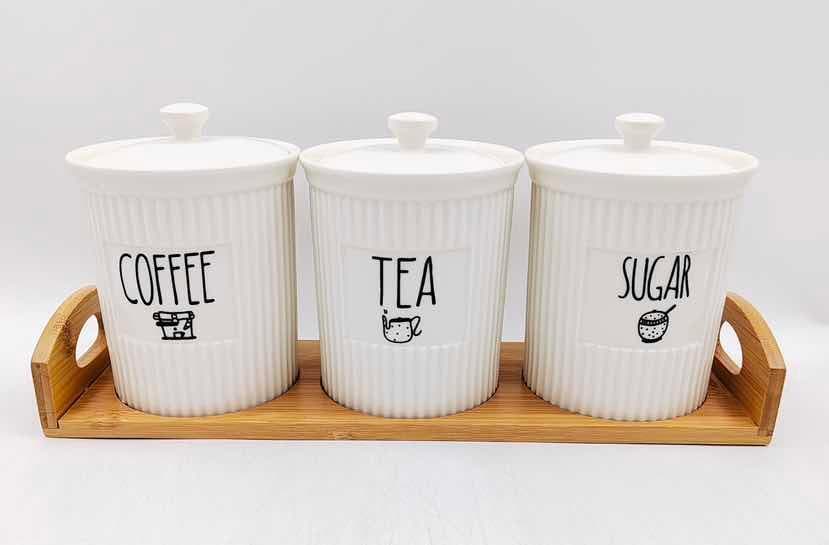 3-Piece Ribbed Ceramic Coffee, Tea and Sugar Canister Set with Ceramic Lids