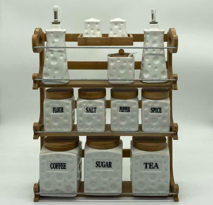 Ceramic Canister, Spice Jar and Oil Bottle Set on Three-Tier Bamboo Rack