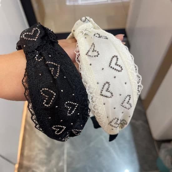 Lace Heart Headband with Rhinestones, Black and Cream