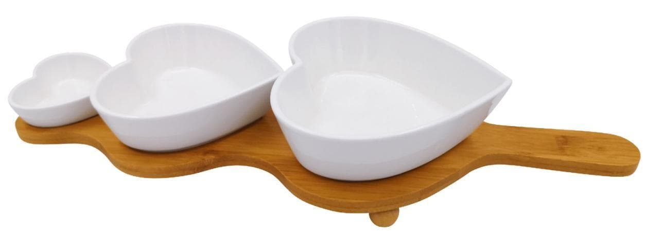 3-Piece Leaf-Shaped Ceramic Dip Bowl Set on Bamboo Paddle Board