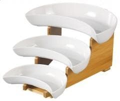 3-Piece Curved Ceramic Serving Dish Set on Stepped Bamboo Stand
