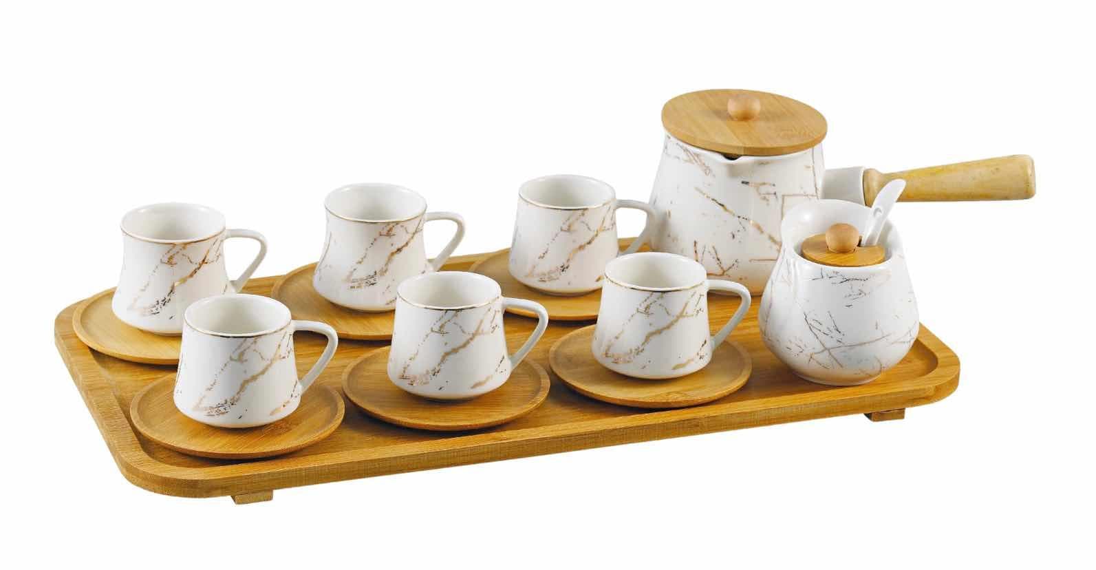 Marble-Effect Ceramic Turkish Coffee Set with Six Cups and Pot on Bamboo Tray