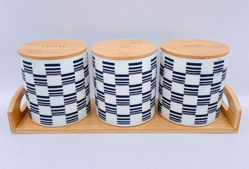 3-Piece Blue Chequerboard Ceramic Canister Set with Bamboo Lids on Bamboo Tray