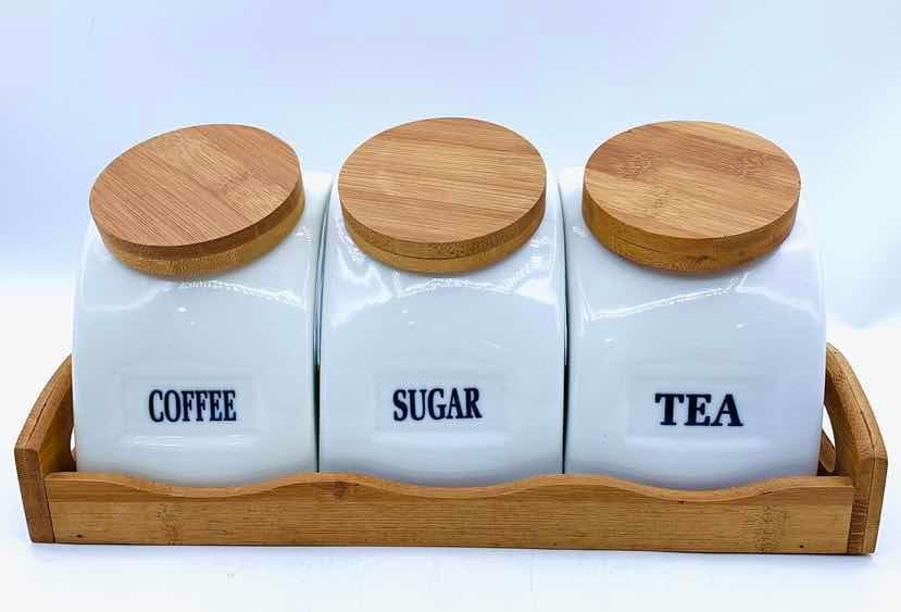 3-Piece Plain Square Ceramic Canister Set with Bamboo Lids on Bamboo Tray