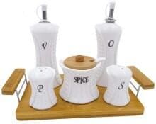 Ribbed Labelled Ceramic Oil, Vinegar, Salt, Pepper and Spice Set on Bamboo Tray
