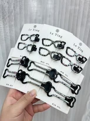 Black Glitter Snap Hair Clips with Chain