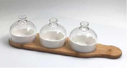 3-Piece Ceramic Dish Set with Glass Domes on Bamboo Paddle Board, Small