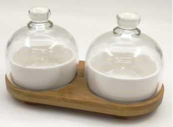 2-Piece Ceramic Dish Set with Tall Glass Domes on Bamboo Tray