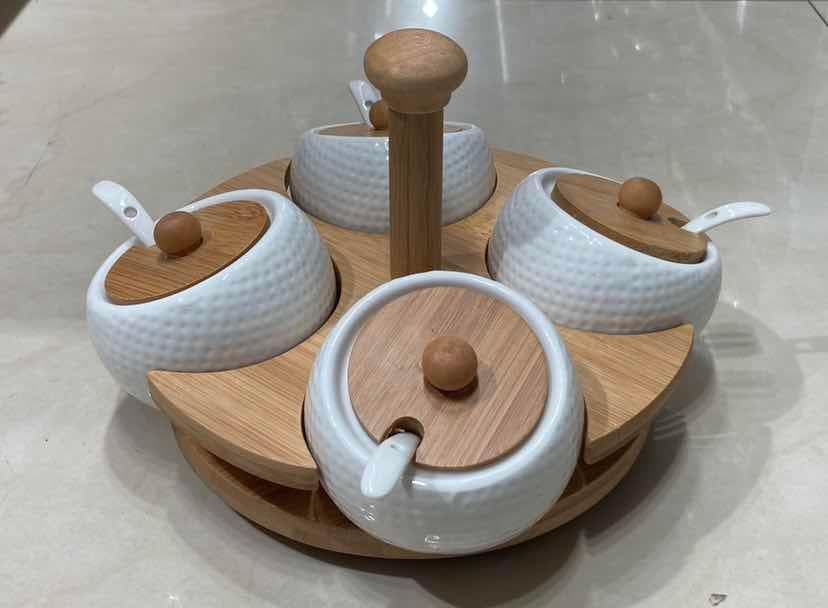 5-Piece Dimpled Ceramic Spice Pot Set with Bamboo Lids on Rotating Base
