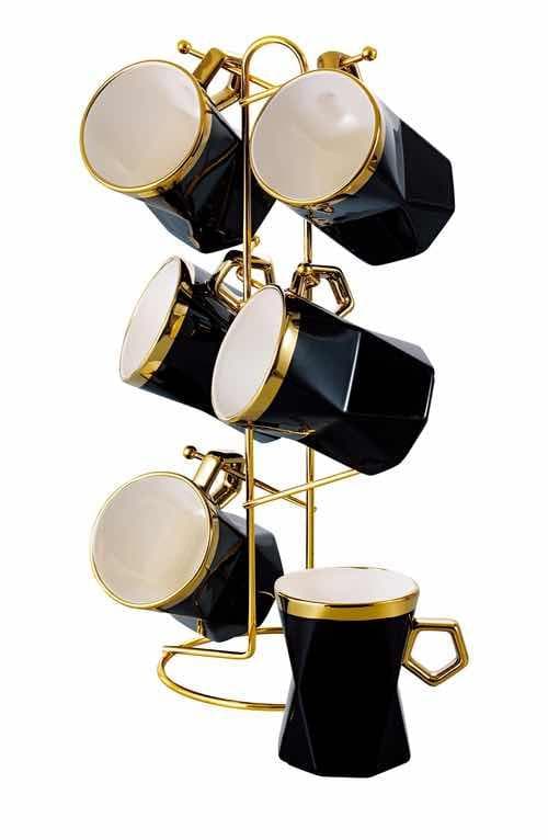 6-Piece Gold-Rimmed Hexagonal Ceramic Mug Set on Gold Metal Mug Tree, Black