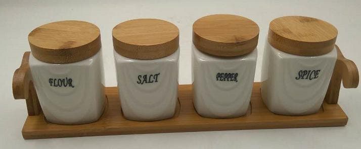 4-Piece Ceramic Spice Jar Set with Thick Bamboo Lids on Handled Bamboo Tray