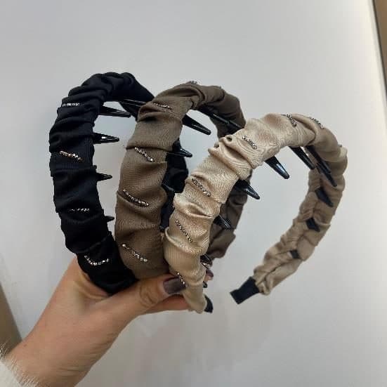 Pleated Headband with Crystals and Teeth, Black and Brown