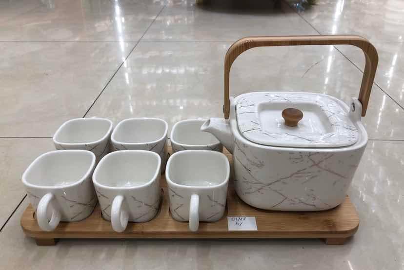 Marble-Effect Square Ceramic Teapot and Six Cup Set on Bamboo Tray