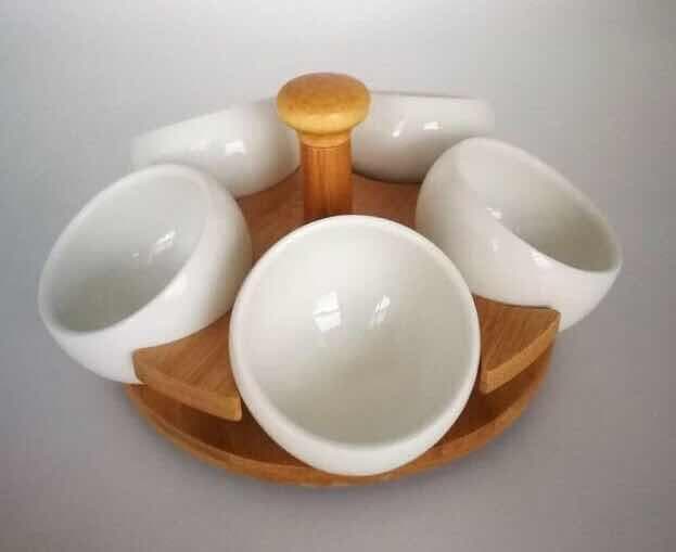 4-Piece Ceramic Serving Bowl Set on Rotating Bamboo Base with Wooden Knob