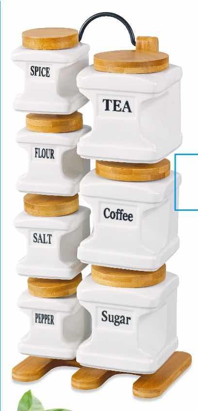 7-Piece Labelled Square Ceramic Canister and Spice Set on Vertical Bamboo Rack
