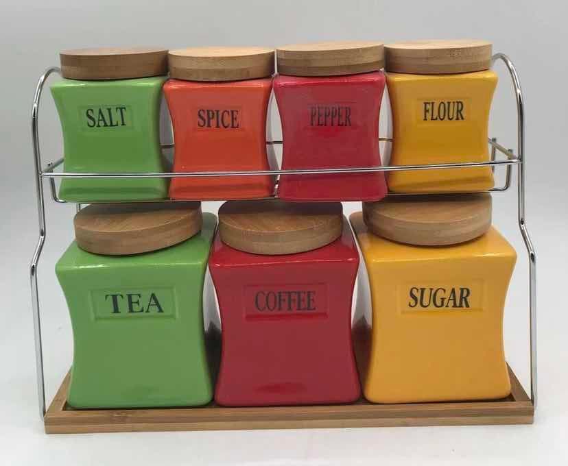 7-Piece Plain Square Coloured Ceramic Canister and Spice Set on Two-Tier Rack