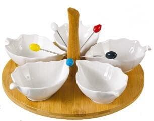 4-Section Flower Ceramic Dip Set on Rotating Bamboo Base with Picks