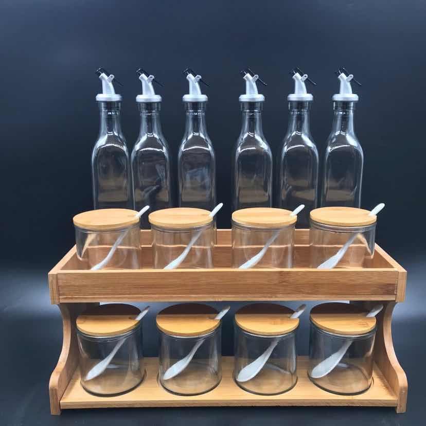 6-Bottle Glass Oil Set with Glass Condiment Jars and Spoons on Wooden Rack