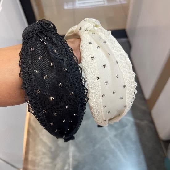 Dotted Lace Headband, Black and Cream