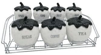 7-Piece Strawberry-Shaped Ceramic Canister and Spice Set on Metal Rack