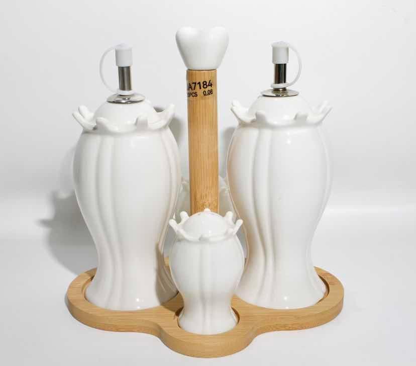 Ceramic Oil, Vinegar and Sugar Pot Set on Bamboo Stand