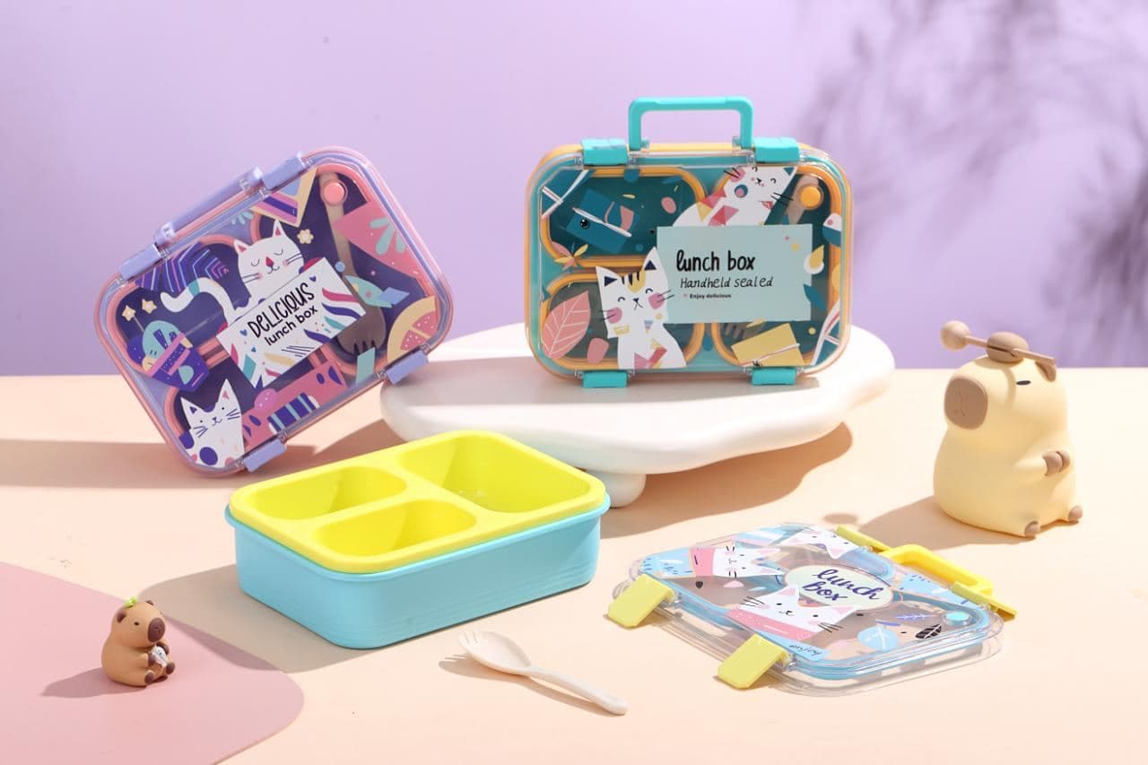 PP Plastic 4-Compartment Lunch Box, 25.3 x 7.4 x 19.4 cm