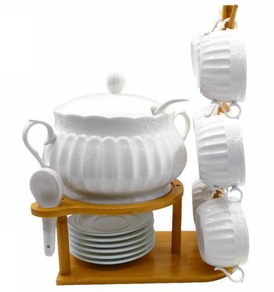 Ribbed Ceramic Soup Tureen with Bowls, Plates and Spoons on Bamboo Stand